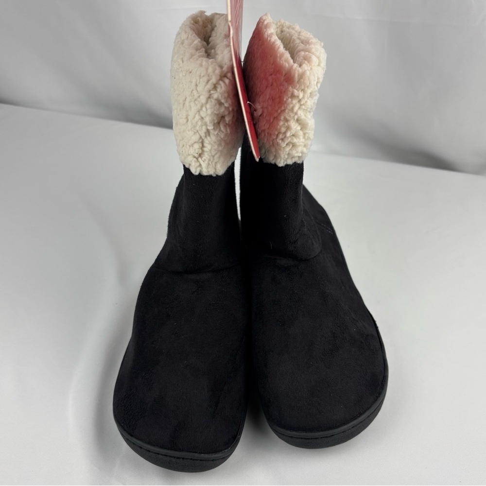 NWT Isotoner Black Ankle Slipper Boots with Cream Color Lining, Size 7.5-8 - Picture 2 of 8